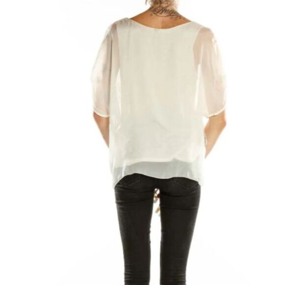 Angela Moda Ivory Sheer Lined Floral Embroidered Silk Blend SS Relaxed Top Sz S - Picture 2 of 15